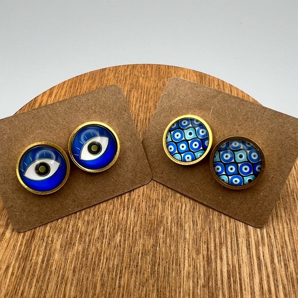 Gold Evil Eye Stud Earrings - Trendy Boho Chic Small Earrings - Stylish Studs - Picture 9 of 14
